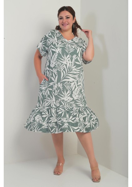 Kadın V Yaka Karışık Yaprak Desenli Cepli Eteği Fırfırlı Büyük Beden Elbise modelleri