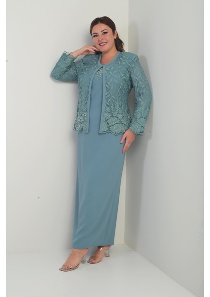 Boncuk Işlemeli Güpürlü Astarlı Elbise Ceket Büyük Beden 2'li Takım