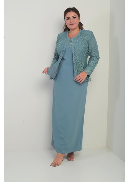 Boncuk Işlemeli Güpürlü Astarlı Elbise Ceket Büyük Beden 2'li Takım fiyatları