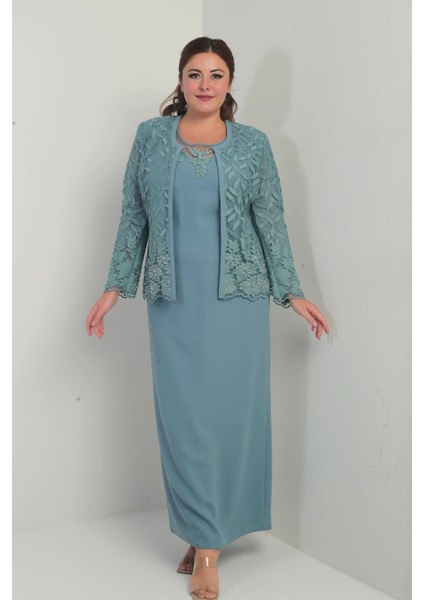 Boncuk Işlemeli Güpürlü Astarlı Elbise Ceket Büyük Beden 2'li Takım modelleri