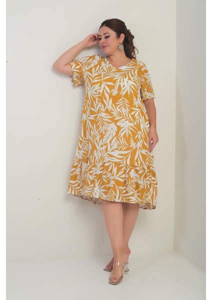 Kadın V Yaka Karışık Yaprak Desenli Cepli Eteği Fırfırlı Büyük Beden Elbise fiyatları