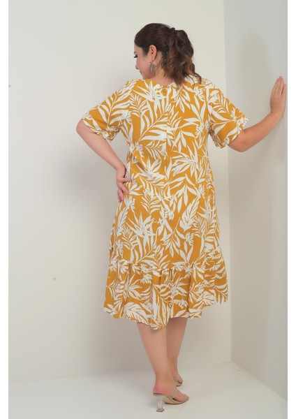 Kadın V Yaka Karışık Yaprak Desenli Cepli Eteği Fırfırlı Büyük Beden Elbise fırsatları