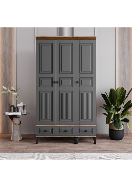 Terra 3 Kapaklı Çekmeceli Gardırop Tamamı Mdf (Antrasit)