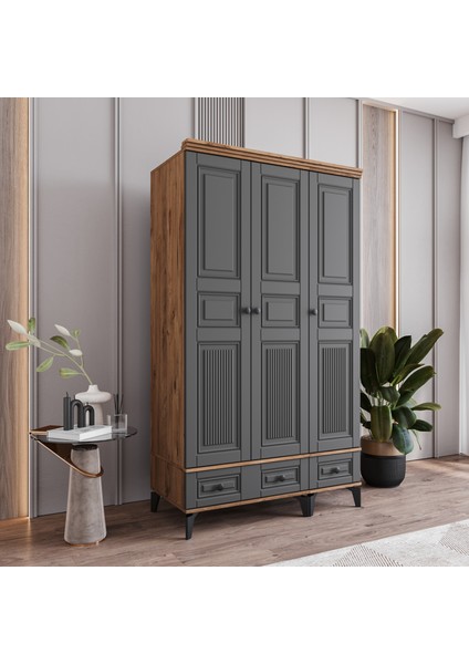 Terra 3 Kapaklı Çekmeceli Gardırop Tamamı Mdf (Antrasit) fiyatları