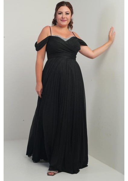 Kadın Sezerler Taş Işlemeli Straplez Yaka Ip Askılı Düşük Omuz Simli Uzun B.b. Elbise