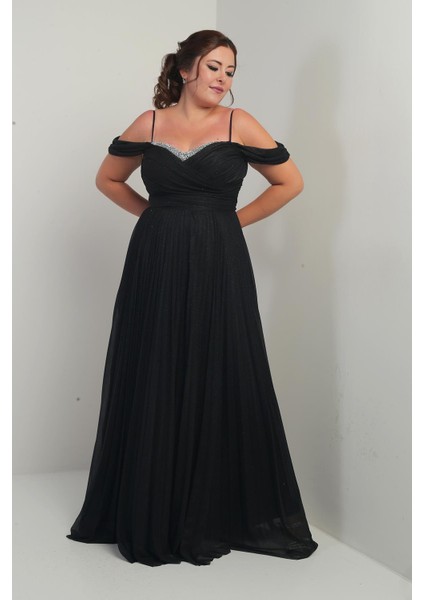 Kadın Sezerler Taş Işlemeli Straplez Yaka Ip Askılı Düşük Omuz Simli Uzun B.b. Elbise fiyatları