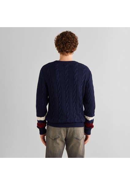 Erkek Lacivert Relaxed Fit Bisiklet Yaka Renk Bloklu Kazak fiyatları