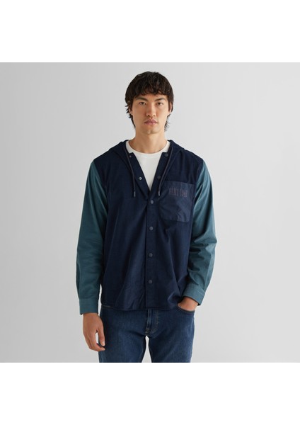 Erkek Lacivert Oversize Fit Kapüşonlu Logolu Gömlek