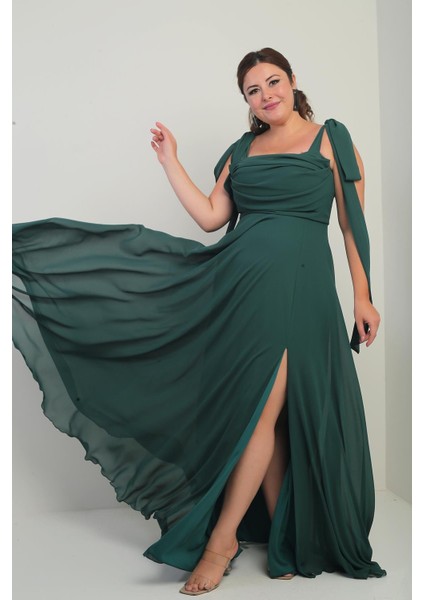 Kadın Degaje Yaka Omuz Bağlamalı Astarlı Büyük Beden Krep Şifon Uzun Elbise