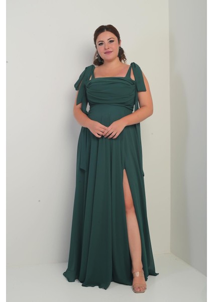 Kadın Degaje Yaka Omuz Bağlamalı Astarlı Büyük Beden Krep Şifon Uzun Elbise fiyatları