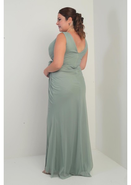 Kadın Ön Arka V Yaka Astarlı Önü Dapeli 3 Boyut Çiçekli Büyük Beden Tül Uzun Elbise fırsatları