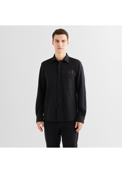 Erkek Siyah Regular Fit Gömlek Yaka Logolu Gömlek