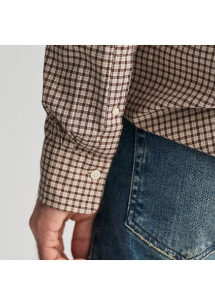 Erkek Bej Regular Fit Düğmeli Yaka Kareli Gömlek modelleri