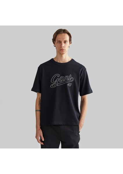 Erkek Siyah Relaxed Fit Bisiklet Yaka Logolu T-Shirt
