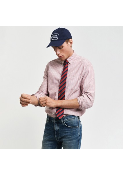 Erkek Kırmızı Regular Fit Düğmeli Yaka Çizgili Gömlek modelleri