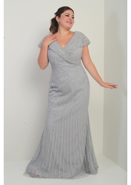 Kadın Ön Arka V Yaka Taş Baskılı Astarlı Büyük Beden Balık Elbise