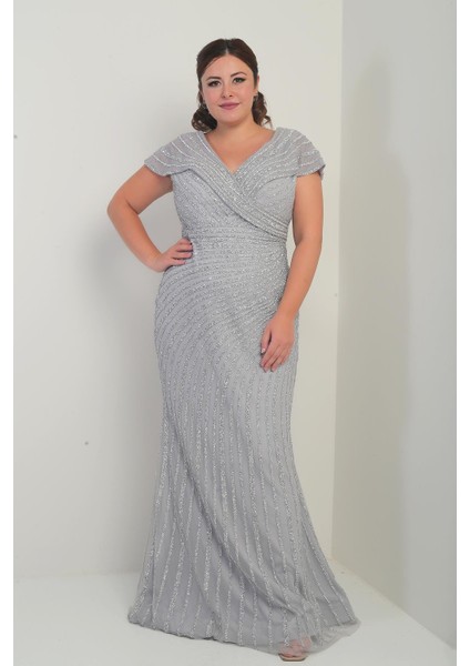 Kadın Ön Arka V Yaka Taş Baskılı Astarlı Büyük Beden Balık Elbise modelleri