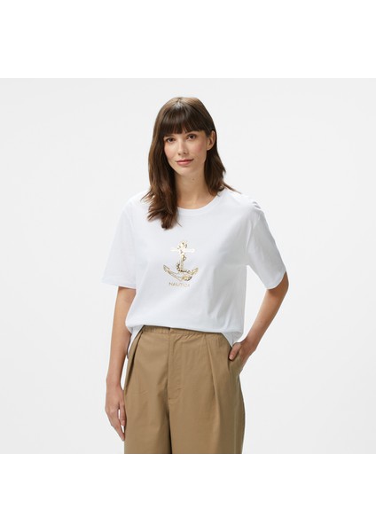 Kadın Beyaz Regular Fit Nakışlı T-Shirt
