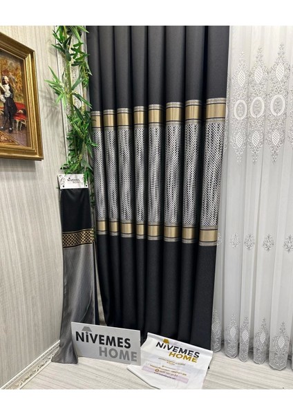 Nivemeshome Mozaik FT614163 V-902 Siyah 1/3 Sık Pileli Fon Perde Apm