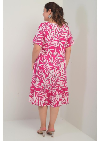 Kadın V Yaka Karışık Yaprak Desenli Cepli Eteği Fırfırlı Büyük Beden Elbise fırsatları