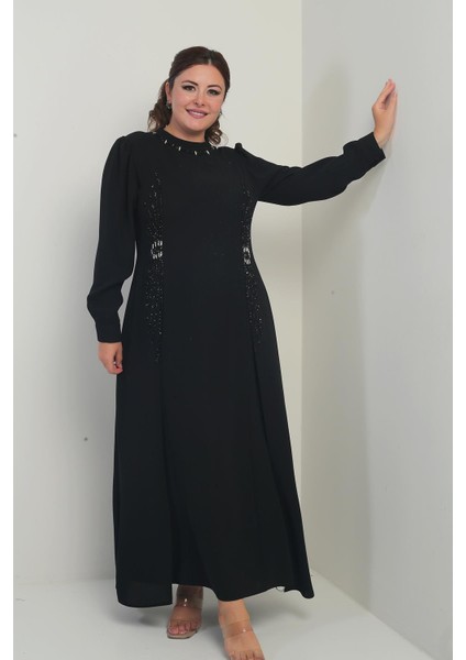Kadın Taş-Boncuk Baskılı Büyük Beden Tesettür Uzun Elbise