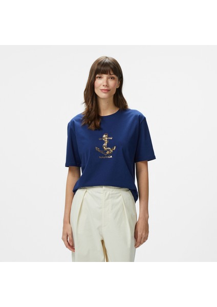 Kadın Lacivert Regular Fit Nakışlı T-Shirt
