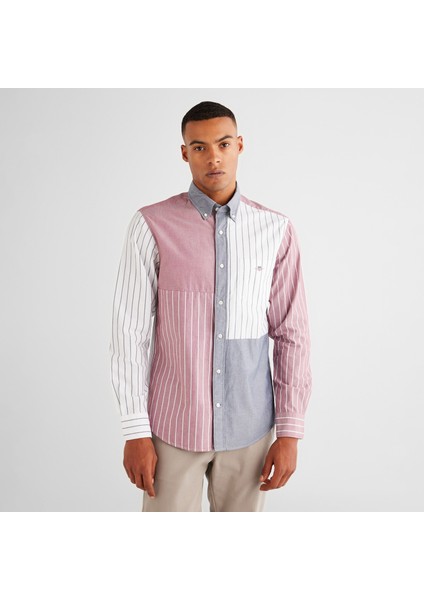 Erkek Pembe Regular Fit Düğmeli Yaka Çizgili Gömlek