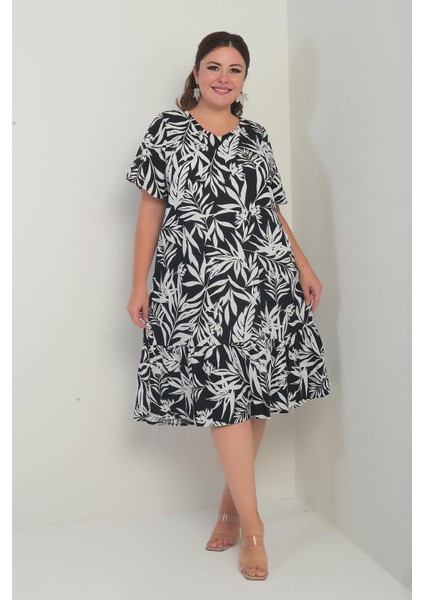 Kadın V Yaka Karışık Yaprak Desenli Cepli Eteği Fırfırlı Büyük Beden Elbise