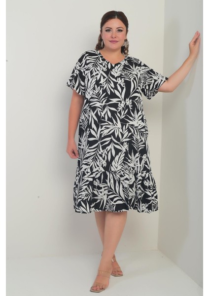 Kadın V Yaka Karışık Yaprak Desenli Cepli Eteği Fırfırlı Büyük Beden Elbise fiyatları