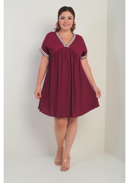 Kadın Yaka-Kol Zigzag Şerit Detaylı Büyük Beden Elbise