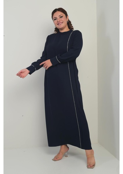 Kadın Kol Uçları Fermuarlı Taş Detaylı Yandan Bağlamalı Büyük Beden Uzun Krep Elbise modelleri