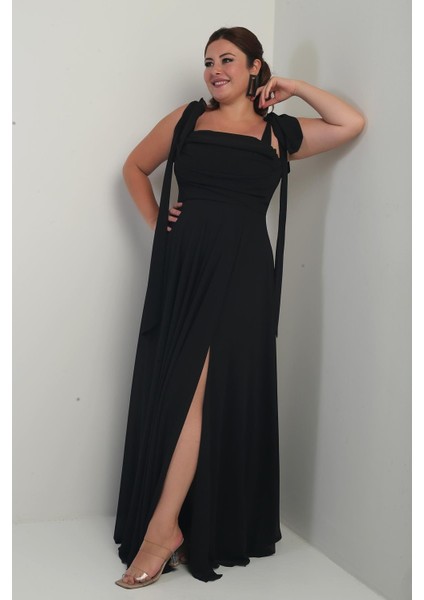 Kadın Degaje Yaka Omuz Bağlamalı Astarlı Büyük Beden Krep Şifon Uzun Elbise