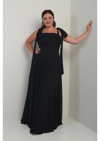 Kadın Degaje Yaka Omuz Bağlamalı Astarlı Büyük Beden Krep Şifon Uzun Elbise fiyatları