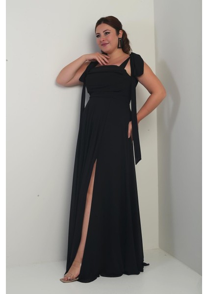 Kadın Degaje Yaka Omuz Bağlamalı Astarlı Büyük Beden Krep Şifon Uzun Elbise modelleri