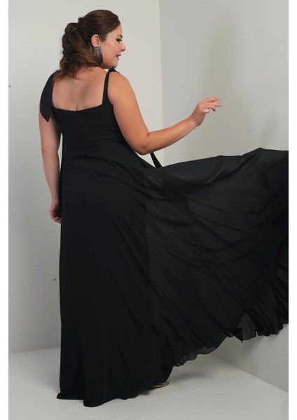 Kadın Degaje Yaka Omuz Bağlamalı Astarlı Büyük Beden Krep Şifon Uzun Elbise fırsatları