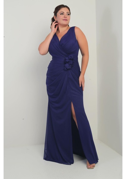 Kadın Ön Arka V Yaka Astarlı Önü Dapeli 3 Boyut Çiçekli Büyük Beden Tül Uzun Elbise modelleri