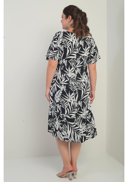 Kadın V Yaka Karışık Yaprak Desenli Cepli Eteği Fırfırlı Büyük Beden Elbise fırsatları