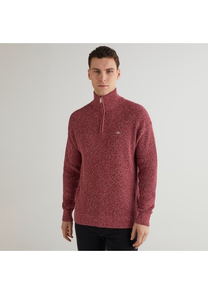 Erkek Bordo Relaxed Fit Yarım Fermuarlı Kazak