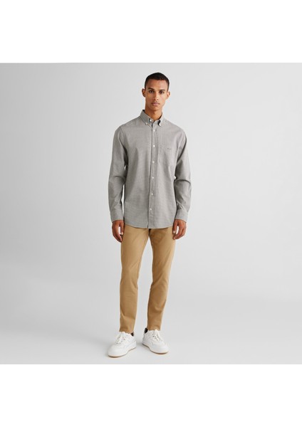 Erkek Gri Regular Fit Düğmeli Yaka Kareli Gömlek modelleri