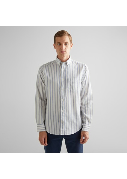 Erkek Krem Regular Fit Düğmeli Yaka Çizgili Oxford Gömlek