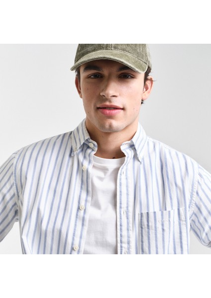 Erkek Krem Regular Fit Düğmeli Yaka Çizgili Oxford Gömlek modelleri