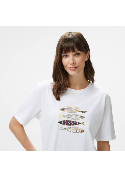 Kadın Beyaz Regular Fit Nakışlı T-Shirt fırsatları