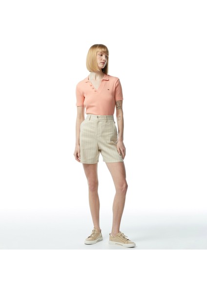 Kadın Bej Relaxed Fit Çizgili Şort