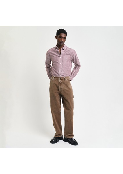 Erkek Bordo Regular Fit Düğmeli Yaka Çizgili Gömlek fırsatları