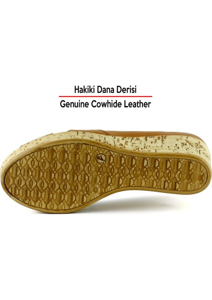 Astrid Taba Hakiki Deri Çapraz Bantlı Mantar Taban Görünümlü Dolgu Topuklu Sandalet
