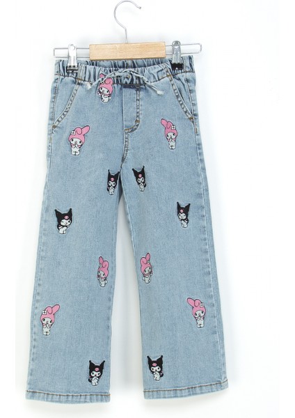 Kız Çocuk Bol Paça Kot Pantolon Beli Lastikli My Melody ve Kuromi Nakışlı Jean