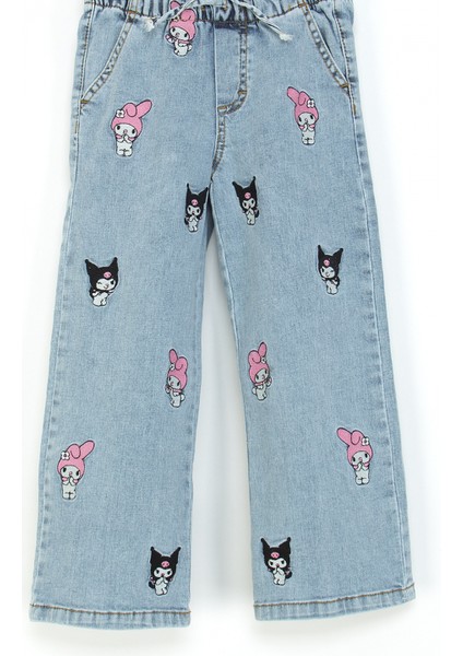Kız Çocuk Bol Paça Kot Pantolon Beli Lastikli My Melody ve Kuromi Nakışlı Jean modelleri