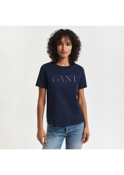 Kadın Lacivert Regular Fit Bisiklet Yaka Logolu T-Shirt