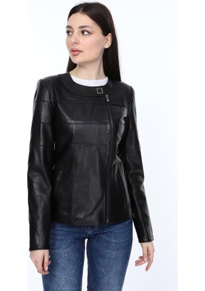 Hakiki Deri Siyah Yuvarlak Yaka Luna Kadın Deri Mont