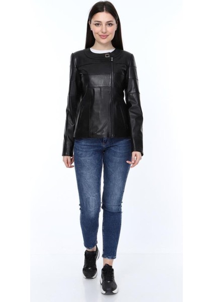 Hakiki Deri Siyah Yuvarlak Yaka Luna Kadın Deri Mont fiyatları